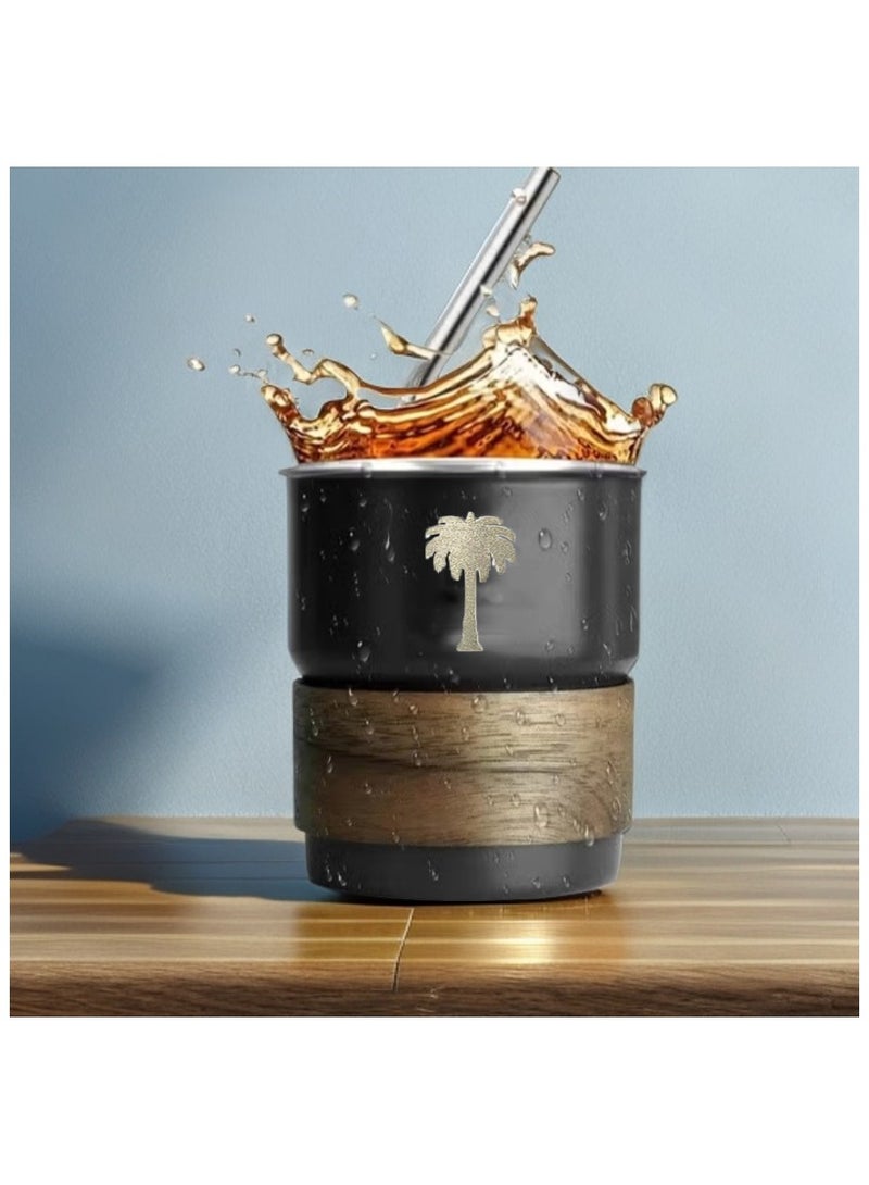 ح واحة 304 كوب مشروبات باردة من الفولاذ المقاوم للصدأ - تصميم بشعار سعودي، كوب قهوة محمول للمشروبات الساخنة والباردة، يتضمن قشة وغطاء مقاوم للحرارة للمنزل والتخييم في الهواء الطلق (أسود، 300 مل) - Image 4