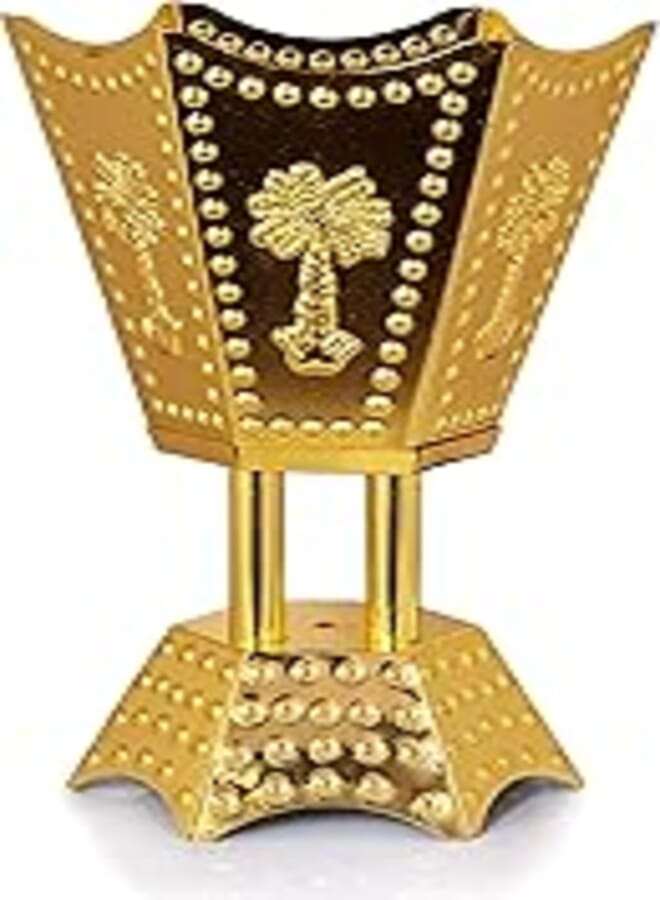 Arabian Incense Burner Bakhoor Burner for Oud Frankincense Resin - Metallic Hexagon Motif (Gold Palm)