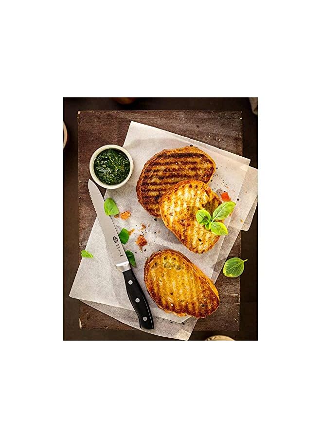 Ballarini سكين بريمتا المسننة، 13 سم. مصنوعة من الفولاذ المقاوم للصدأ الألماني بلمسة نهائية ساتينية مع مقبض مزور. تصميم متوازن وآمن مع هيكل كامل الطول. مقبض من الراتنج الصناعي مع 3 مسامير. - Image 2