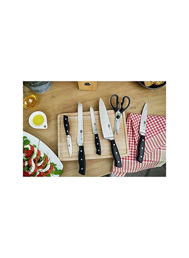 Ballarini سكين بريمتا المسننة، 13 سم. مصنوعة من الفولاذ المقاوم للصدأ الألماني بلمسة نهائية ساتينية مع مقبض مزور. تصميم متوازن وآمن مع هيكل كامل الطول. مقبض من الراتنج الصناعي مع 3 مسامير. - Image 4