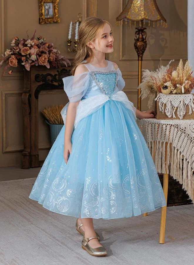 Take Two Girls Light Blue Sequin Embellished A-Line Midi Princess Dress