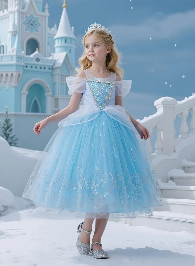Take Two Girls Light Blue Sequin Embellished A-Line Midi Princess Dress