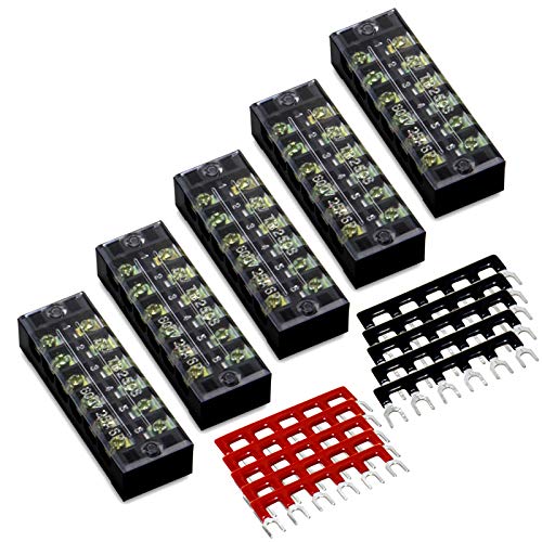 MILAPEAK Terminal Block and Strip - 5pcs 6 Positions 600V 25A Dual Row Screw Terminal Strip with Cover + 10pcs 400V 25A 6 Positions Pre-Insulated Terminal Barrier Jumper Strips Black & Red - Image 1