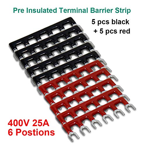 MILAPEAK Terminal Block and Strip - 5pcs 6 Positions 600V 25A Dual Row Screw Terminal Strip with Cover + 10pcs 400V 25A 6 Positions Pre-Insulated Terminal Barrier Jumper Strips Black & Red - Image 5