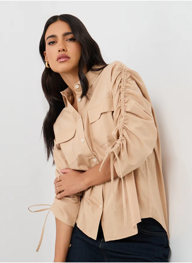 Styli Plain Drawstring Sleeves Oversized Shirt with Pocket Detail