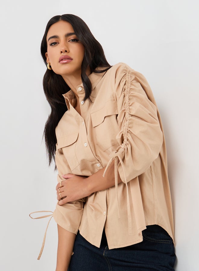 Styli Plain Drawstring Sleeves Oversized Shirt with Pocket Detail  - Image 1