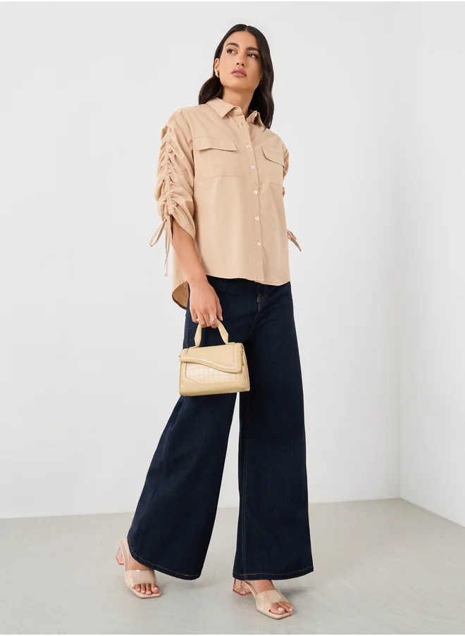 Styli Plain Drawstring Sleeves Oversized Shirt with Pocket Detail