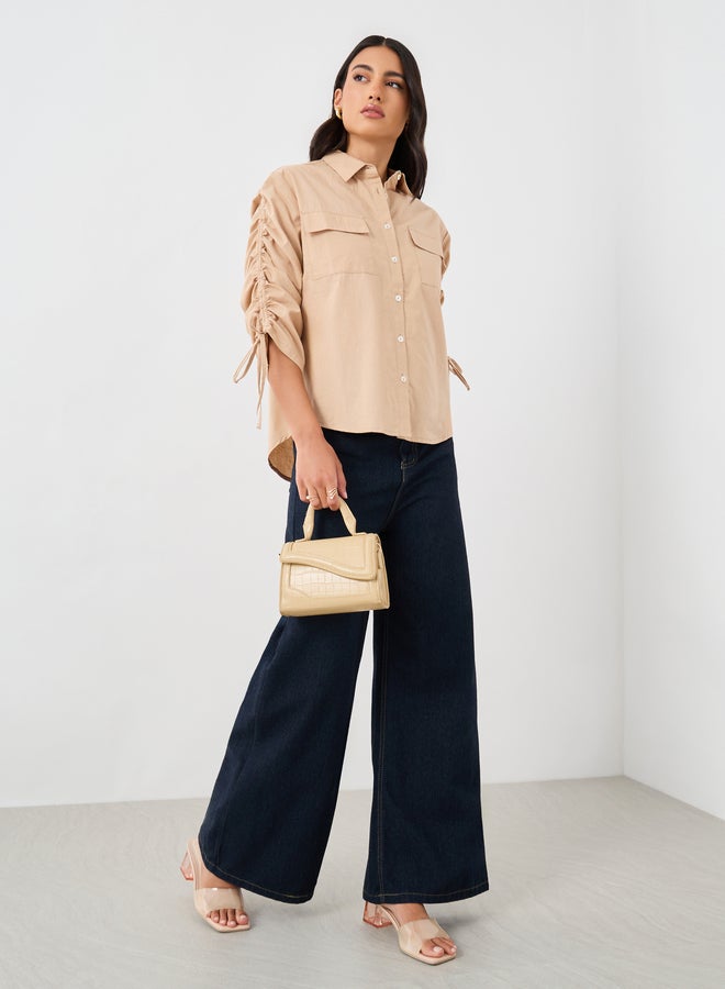 Styli Plain Drawstring Sleeves Oversized Shirt with Pocket Detail  - Image 2
