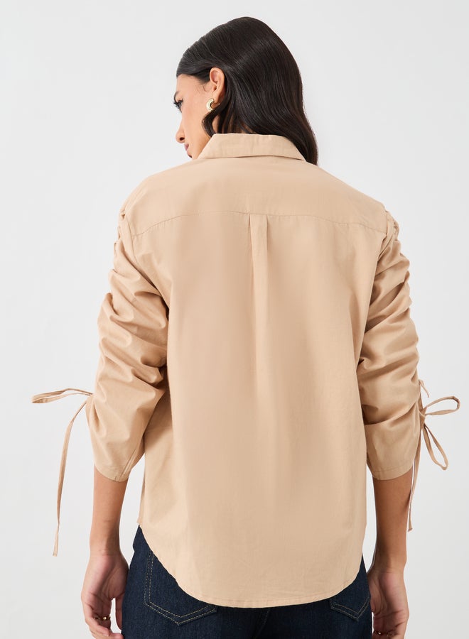 Styli Plain Drawstring Sleeves Oversized Shirt with Pocket Detail  - Image 4