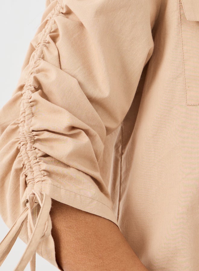 Styli Plain Drawstring Sleeves Oversized Shirt with Pocket Detail  - Image 3