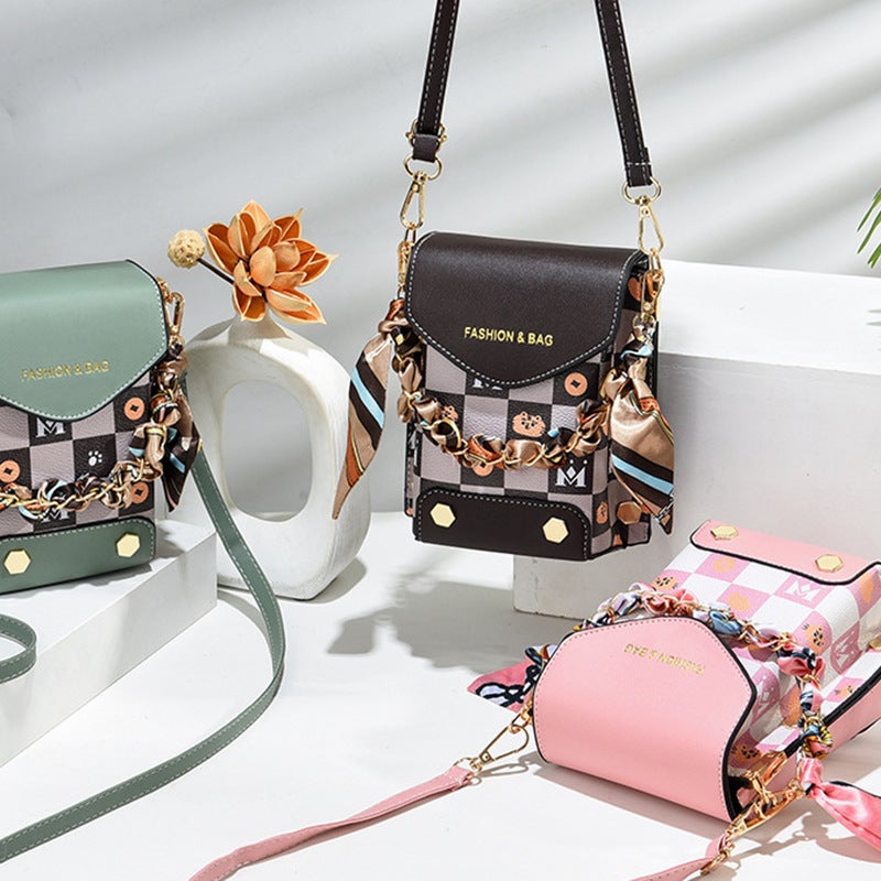 Plaid Printed Silk Scarf Mobile Phone Bag Chain Shoulder Popular Crossbody Bag Vertical Small Square Bag High-End Mini Mobile Phone Bag - Image 2