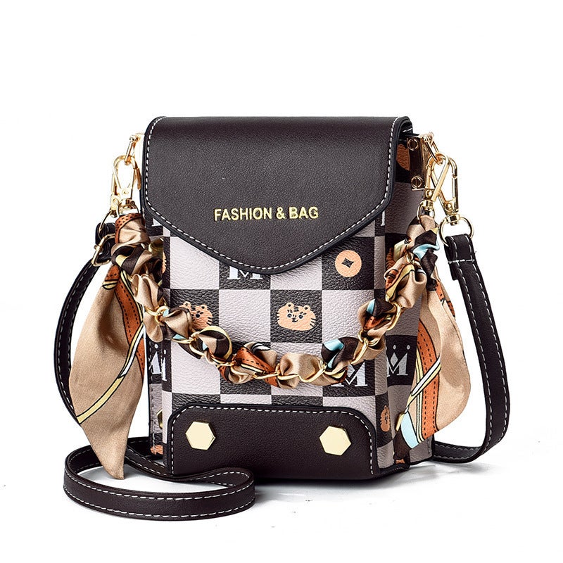 Plaid Printed Silk Scarf Mobile Phone Bag Chain Shoulder Popular Crossbody Bag Vertical Small Square Bag High-End Mini Mobile Phone Bag - Image 5