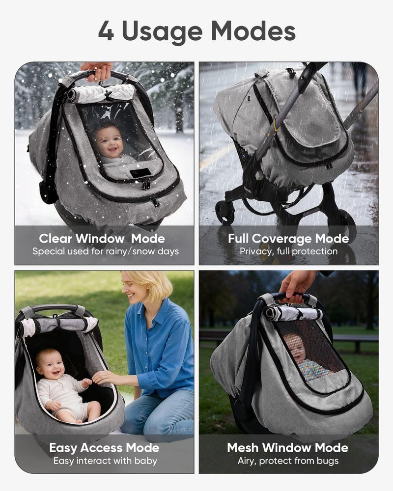 Tinlyfinly Waterproof Car Seat Cover For Baby  2-Layer Car Seat Rain Cover With Clear Window & Sunshade & Mesh Cover  Universal Infant Carseat Canopy For Stroller  Protect From Rain And Snow - Gray - Image 3