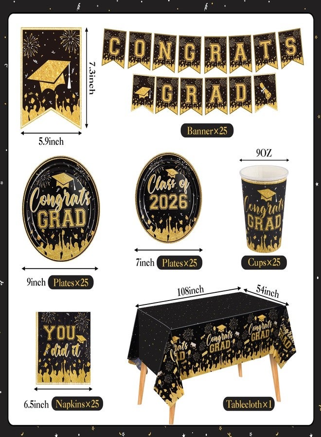 NatNarr Black and Gold Graduation Decorations 2026 Include Class Of 2026 Graduation Plates Napkins Cups Tablecloth Congrats Grad Banner for Middle College High School, 25 Guest - Image 4