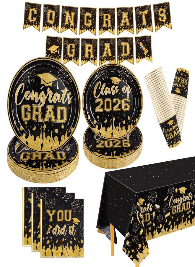 NatNarr Black and Gold Graduation Decorations 2026 Include Class Of 2026 Graduation Plates Napkins Cups Tablecloth Congrats Grad Banner for Middle College High School, 25 Guest - Image 1
