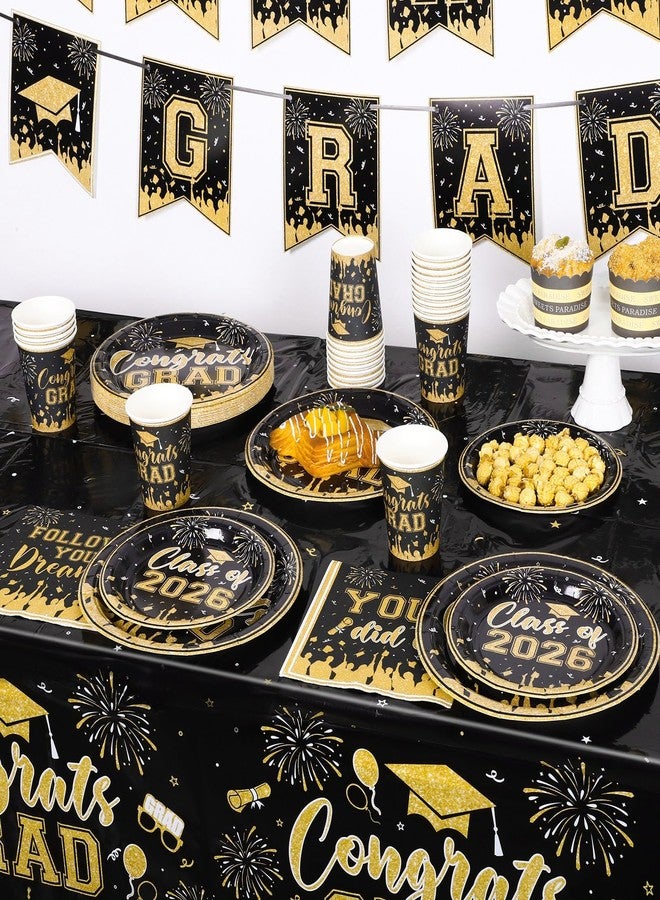 NatNarr Black and Gold Graduation Decorations 2026 Include Class Of 2026 Graduation Plates Napkins Cups Tablecloth Congrats Grad Banner for Middle College High School, 25 Guest - Image 3