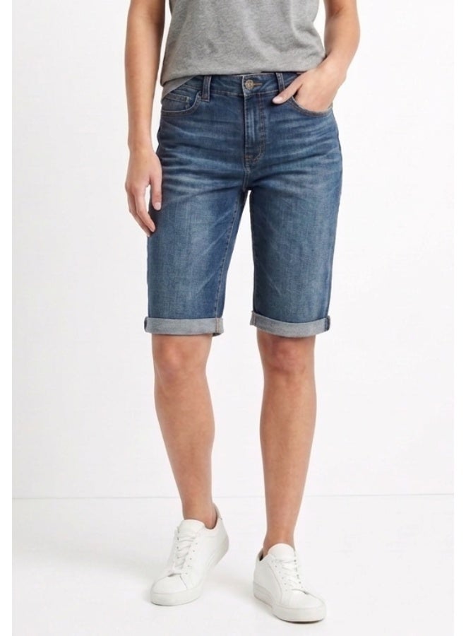 High-Waisted Denim Shorts - Mid-knee Length Jeans Shorts - Medium Blue Wash, Regular Fit - Image 2