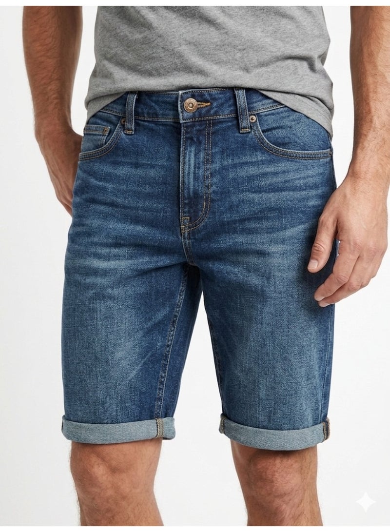 High-Waisted Denim Shorts - Mid-knee Length Jeans Shorts - Medium Blue Wash, Regular Fit - Image 1