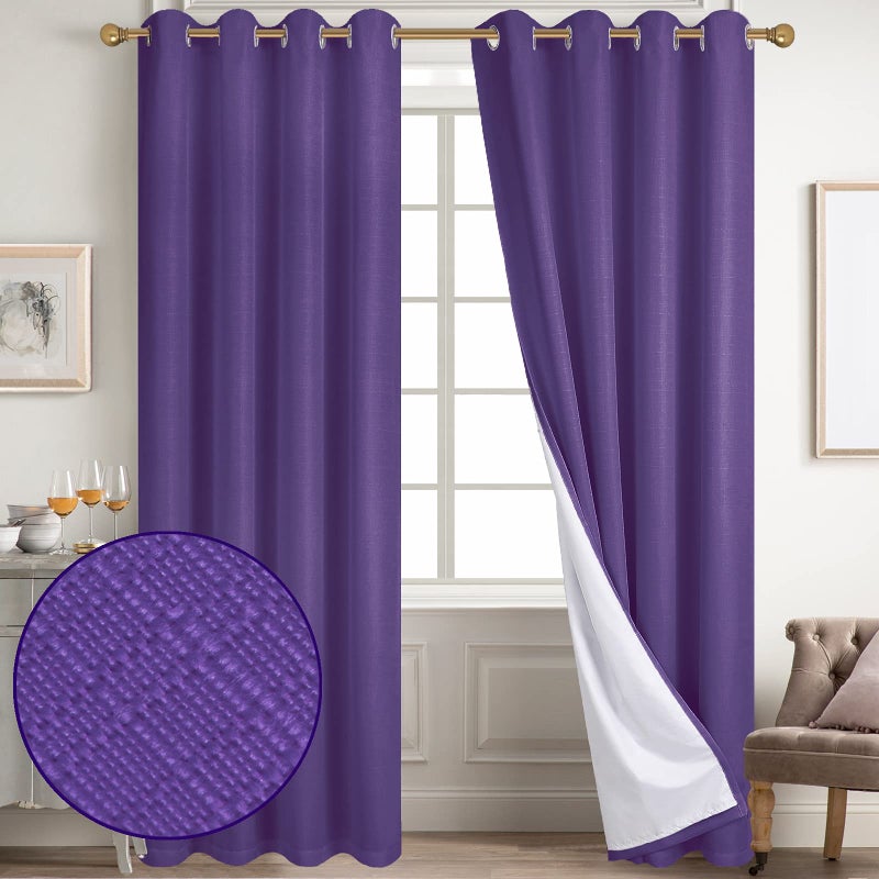 Diraysid 100 Blackout Curtains Purple Linen Curtains for Bedroom Grommet Thermal Insulated Room Darkening Drapes 2 Panels W52 x L84 Inch