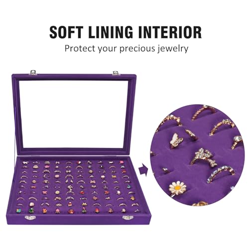 Vicoter Rings Organizer Tray 100 Slot Velvet Ring Earring Storage Box TranSparent Cover Jewelry Store Ring Display Box Jewelry Display Cabinet for Girl Wife Mother - Image 3