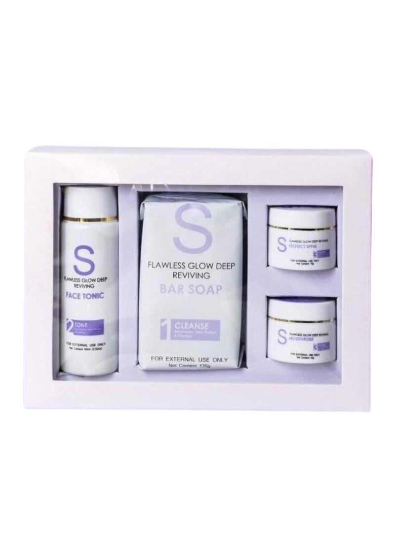 Flawless - 4 in 1 Flawless Glow Deep Reviving Set with Bar Soap Cleanser 135g, Face Tonic Toner 60ml, SPF45 Sunscreen 10g and Moisturizer Night Cream 10g, Achieve Acne Care, Radiance and Anti-Aging. - Image 1