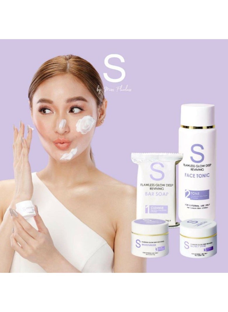 Flawless - 4 in 1 Flawless Glow Deep Reviving Set with Bar Soap Cleanser 135g, Face Tonic Toner 60ml, SPF45 Sunscreen 10g and Moisturizer Night Cream 10g, Achieve Acne Care, Radiance and Anti-Aging. - Image 1