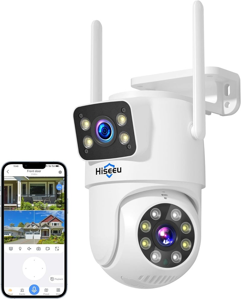 هايسيو كاميرا أمنية لاسلكية من Hiseeu، واي فاي 5G/2.4G، رؤية بعدستين، تحكم بانورامي وإمالة وتكبير، رؤية ليلية ملونة كاملة، كشف ذكي للحركة، تتبع تلقائي، اتصال صوتي ثنائي الاتجاه، مقاومة للماء بمعيار IP66، كابل توصيل - Image 1