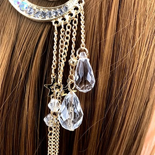 QTMY Moon Rhinestone Tassel with Crystal Beads Charms Hair Clip Pin Hair Chain Jewelry Hair Accessories (Gold) - Image 3