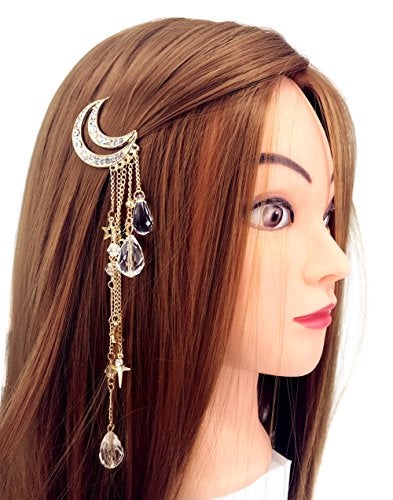 QTMY Moon Rhinestone Tassel with Crystal Beads Charms Hair Clip Pin Hair Chain Jewelry Hair Accessories (Gold) - Image 1