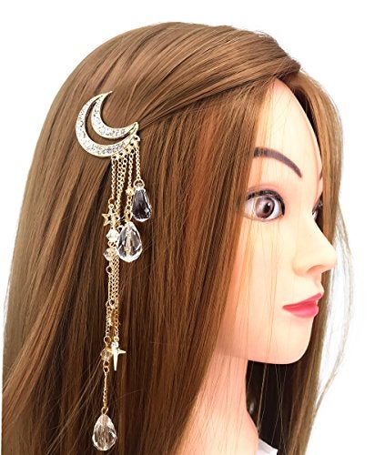 QTMY Moon Rhinestone Tassel with Crystal Beads Charms Hair Clip Pin Hair Chain Jewelry Hair Accessories (Gold) - Image 4