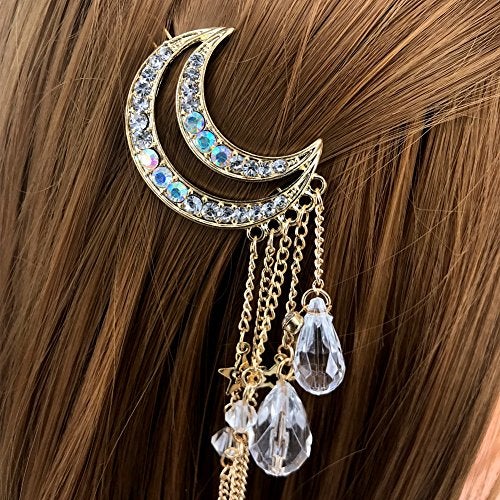 QTMY Moon Rhinestone Tassel with Crystal Beads Charms Hair Clip Pin Hair Chain Jewelry Hair Accessories (Gold) - Image 2