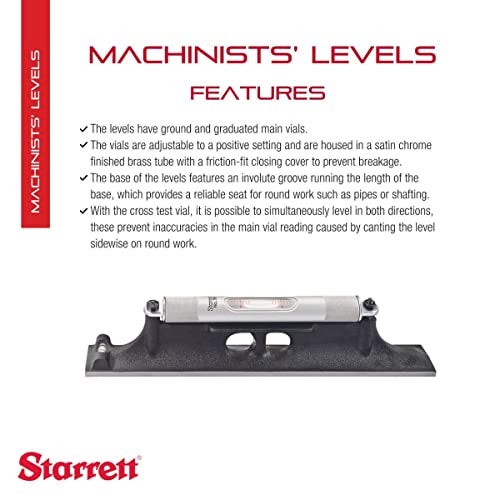 Starrett مستوى ستاريت للميكانيكيين مع زجاجة رئيسية مصقولة ومقاسة - مثالي لاستخدامه في ورشة الآلات وغرفة الأدوات - طول 12 بوصة، زجاجة اختبار عرضية، مع علبة خشبية - 98Z-12 - Image 2