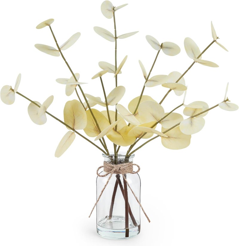 Bessol Artificial Eucalyptus Stems in Glass Vase with Faux Water, 14" Fake Plants for Home Decor, Coffee Table Centerpieces, Office, Bathroom & Farmhouse Weddings - Faux Plants Decorations - Image 1