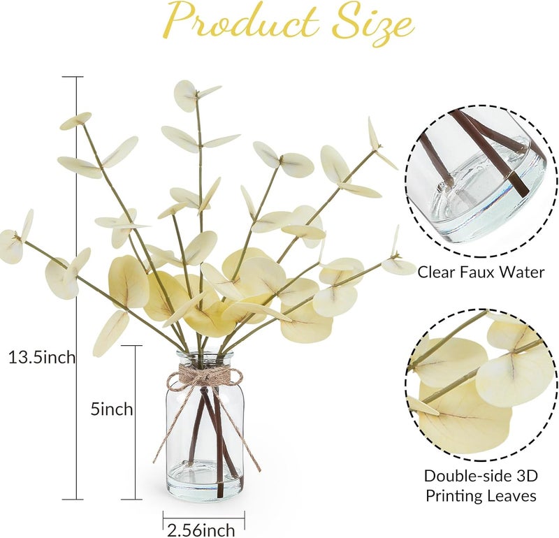 Bessol Artificial Eucalyptus Stems in Glass Vase with Faux Water, 14" Fake Plants for Home Decor, Coffee Table Centerpieces, Office, Bathroom & Farmhouse Weddings - Faux Plants Decorations - Image 3