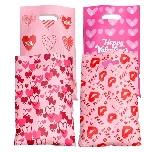 Jocomoni 100Pcs Valentine's Day Gift Bag Plastic Treat Bag with Handle Valentines Candy Bags Heart Goodie Bags for Valentine's Day Party Favor Supplies Classroom Gift Exchange - Image 1
