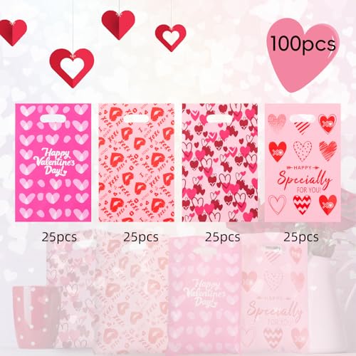 Jocomoni 100Pcs Valentine's Day Gift Bag Plastic Treat Bag with Handle Valentines Candy Bags Heart Goodie Bags for Valentine's Day Party Favor Supplies Classroom Gift Exchange - Image 2
