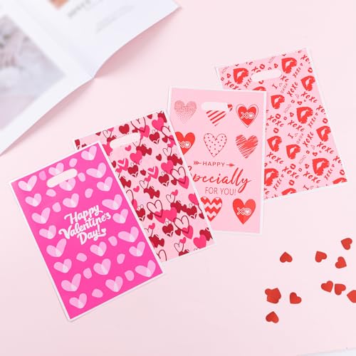 Jocomoni 100Pcs Valentine's Day Gift Bag Plastic Treat Bag with Handle Valentines Candy Bags Heart Goodie Bags for Valentine's Day Party Favor Supplies Classroom Gift Exchange - Image 4