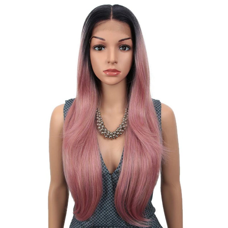 Joedir 28 Long Straight 13x4 Lace Frontal Wigs for Black Women Free Part Lace Front Wigs with Baby Hair Natural Hairline Ombre Black Root Easy360 Synthetic Hair Wig Heat Resistant Fiber Ombre Pink