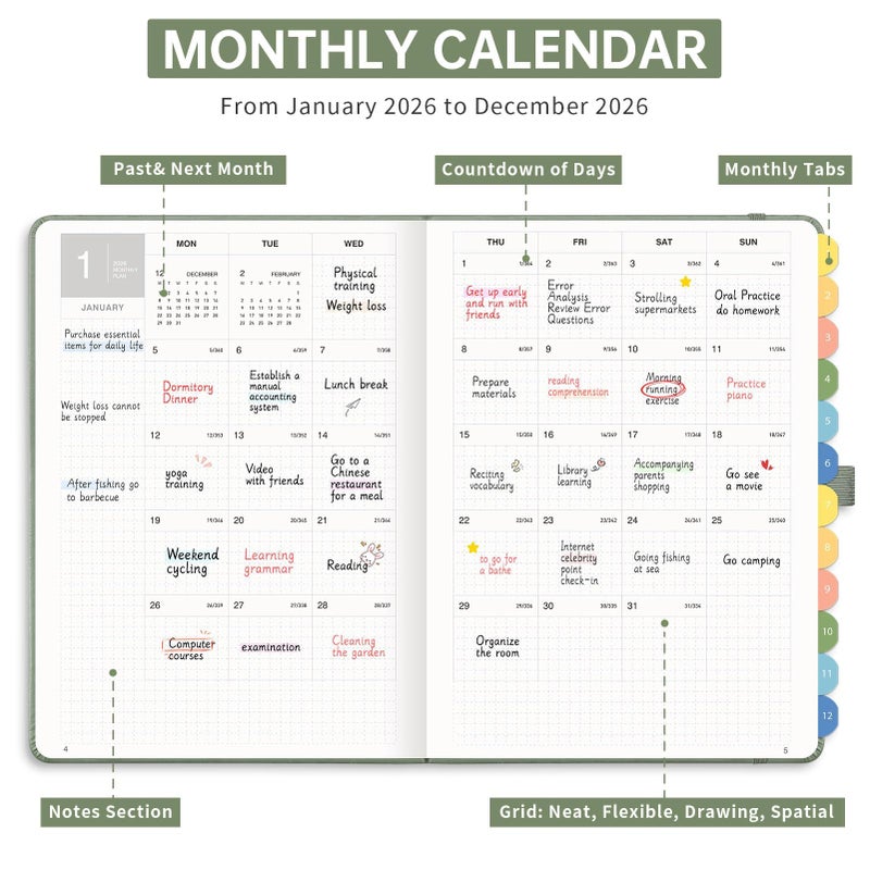 LOAPEM 2026 Planner, Appointment Book, Hourly, Daily, Weekly and Monthly, Jan 2026 - Dec 2026, Medium Size (5.7" x 8.3"), 2026 Calendar, Leather Hardcover, 12 Self-Adhesive Monthly Tabs (Light Green) - Image 2