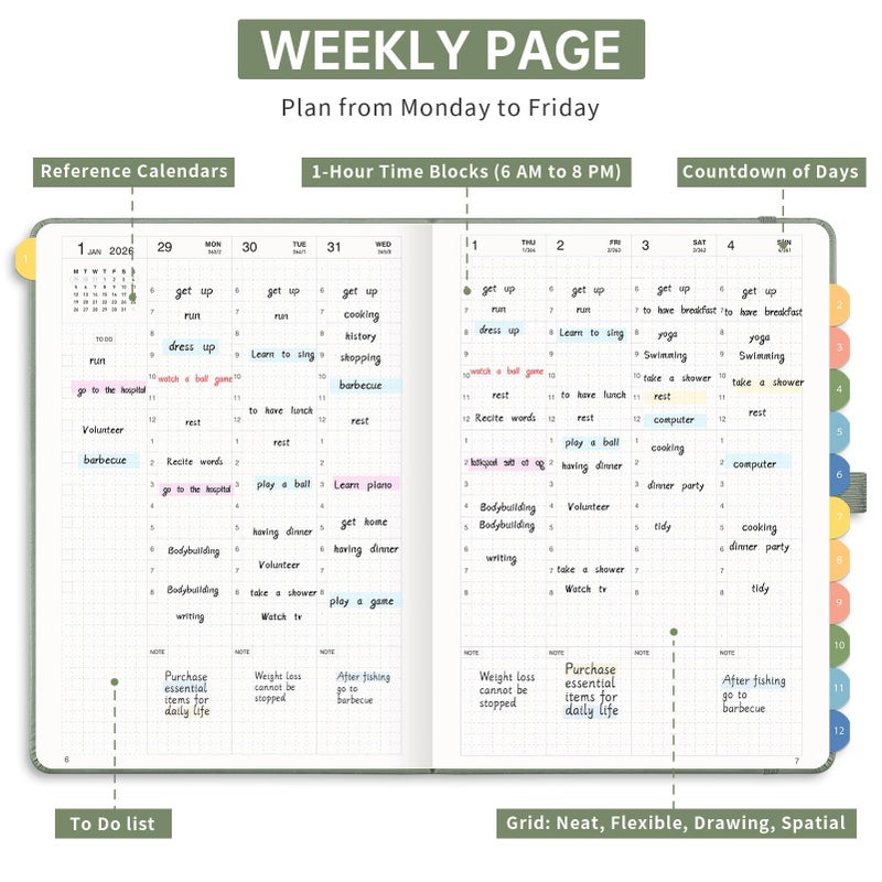 LOAPEM 2026 Planner, Appointment Book, Hourly, Daily, Weekly and Monthly, Jan 2026 - Dec 2026, Medium Size (5.7" x 8.3"), 2026 Calendar, Leather Hardcover, 12 Self-Adhesive Monthly Tabs (Light Green) - Image 3