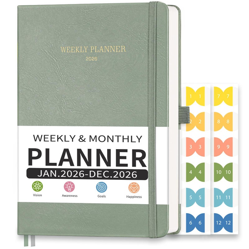 LOAPEM 2026 Planner, Appointment Book, Hourly, Daily, Weekly and Monthly, Jan 2026 - Dec 2026, Medium Size (5.7" x 8.3"), 2026 Calendar, Leather Hardcover, 12 Self-Adhesive Monthly Tabs (Light Green) - Image 1