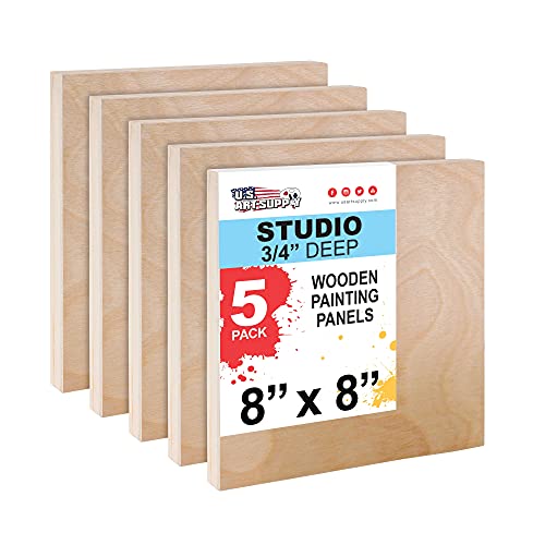 US Art Supply Unfinished Cradled Wood Panels for Painting 5 Pack of 8x8 inch Studio Birch Wooden Canvas Boards 34 Deep MixedMedia Craft Acrylic Oil Encaustic Paint Pouring Panel Board