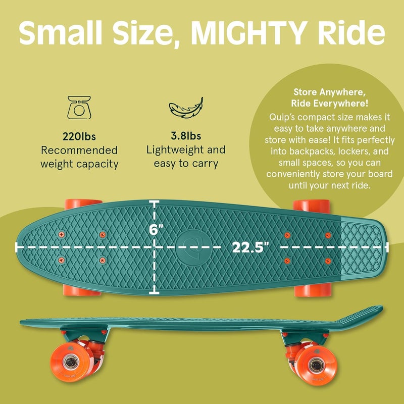 Retrospec Quip Mini Cruiser Skateboard 22.5" Classic Retro Plastic Cruiser Complete Skateboard with ABEC 7 Bearings and PU Wheels Compact Board w/Grippy, Molded Waffle Deck - Image 2