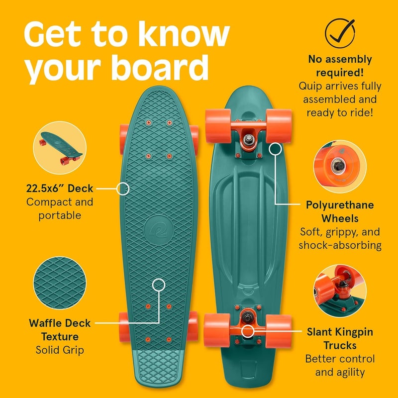 Retrospec Quip Mini Cruiser Skateboard 22.5" Classic Retro Plastic Cruiser Complete Skateboard with ABEC 7 Bearings and PU Wheels Compact Board w/Grippy, Molded Waffle Deck - Image 4