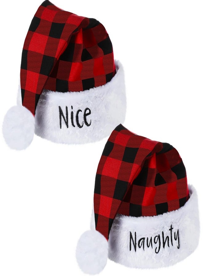 Boyiee 2 Pieces Naughty and Nice Plush Christmas Santa Hats Buffalo Plaid Holiday Hat for Christmas Party Supplies (Red, Black, Adult Size) - Image 1