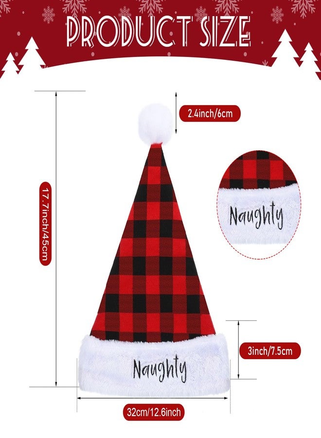 Boyiee 2 Pieces Naughty and Nice Plush Christmas Santa Hats Buffalo Plaid Holiday Hat for Christmas Party Supplies (Red, Black, Adult Size) - Image 2