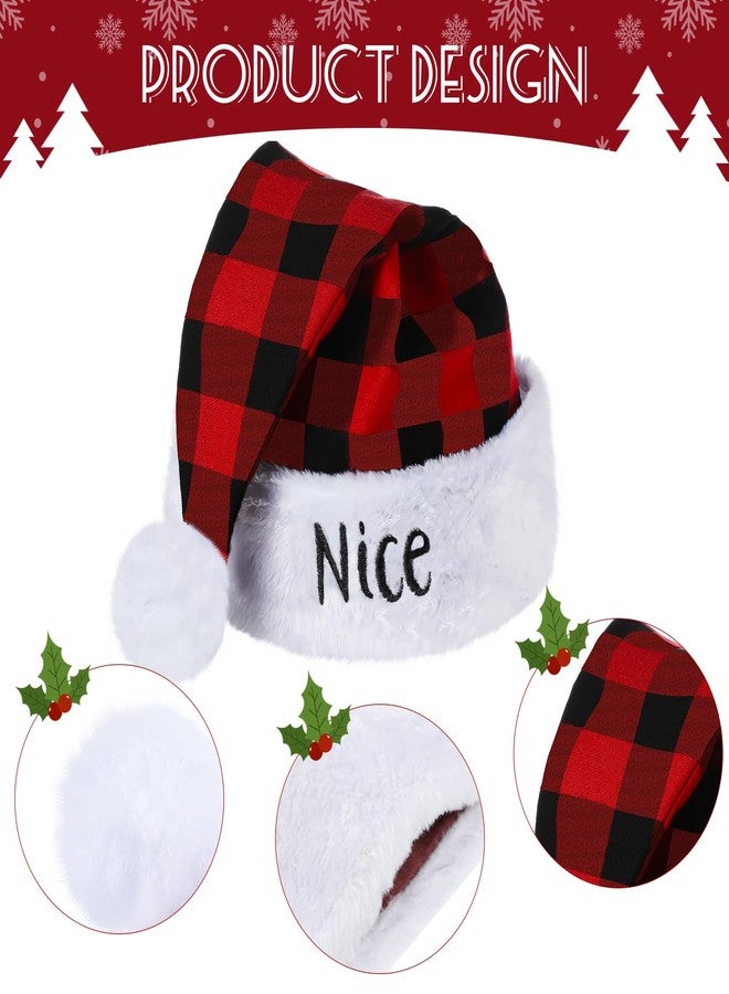 Boyiee 2 Pieces Naughty and Nice Plush Christmas Santa Hats Buffalo Plaid Holiday Hat for Christmas Party Supplies (Red, Black, Adult Size) - Image 3