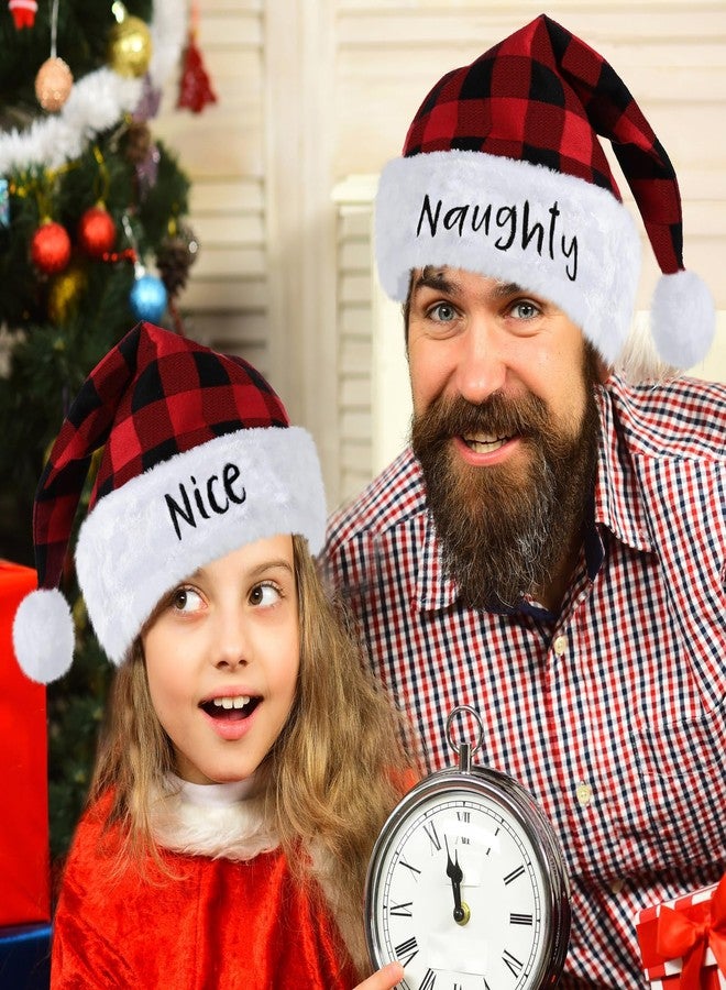 Boyiee 2 Pieces Naughty and Nice Plush Christmas Santa Hats Buffalo Plaid Holiday Hat for Christmas Party Supplies (Red, Black, Adult Size) - Image 5