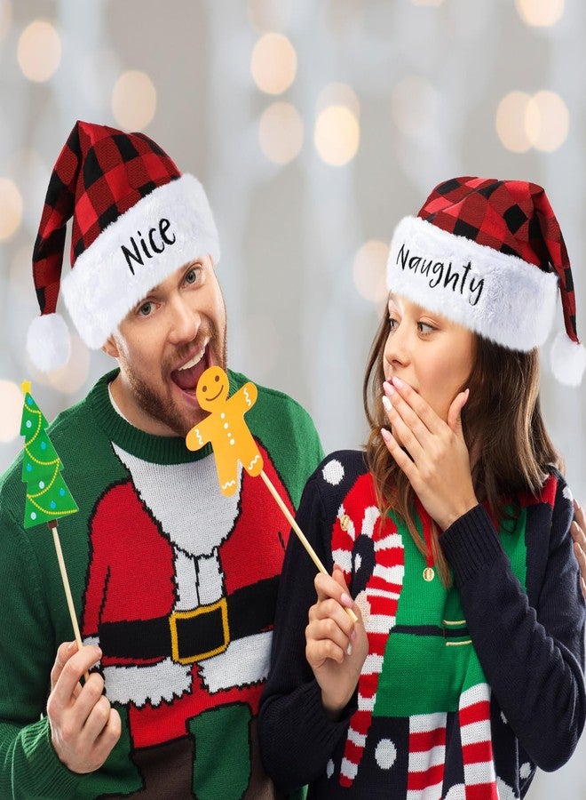 Boyiee 2 Pieces Naughty and Nice Plush Christmas Santa Hats Buffalo Plaid Holiday Hat for Christmas Party Supplies (Red, Black, Adult Size) - Image 4