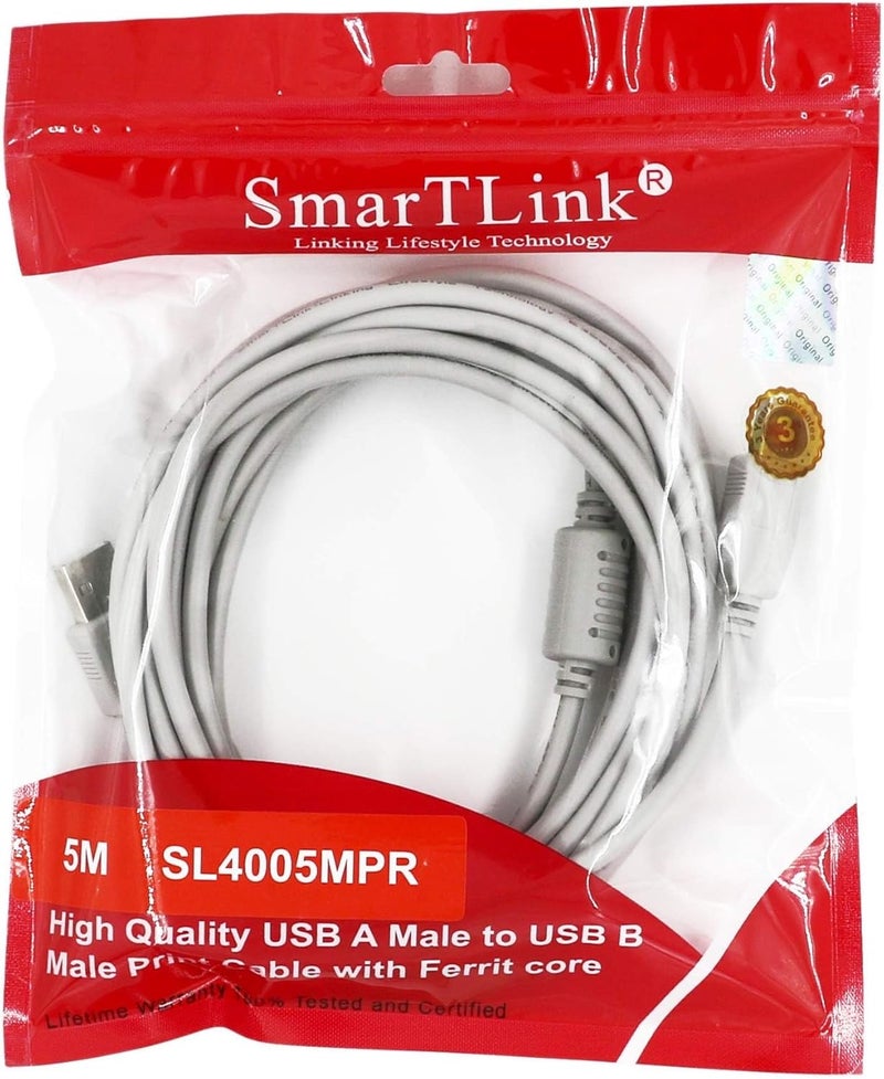 SMARTLINK كابل طابعة USB 2.0 نوع A ذكر إلى B ذكر كابل ماسح ضوئي عالي السرعة لـ Brother, HP, Canon, Epson, Dell, Xerox, Samsung إلخ (5 متر) - Image 1